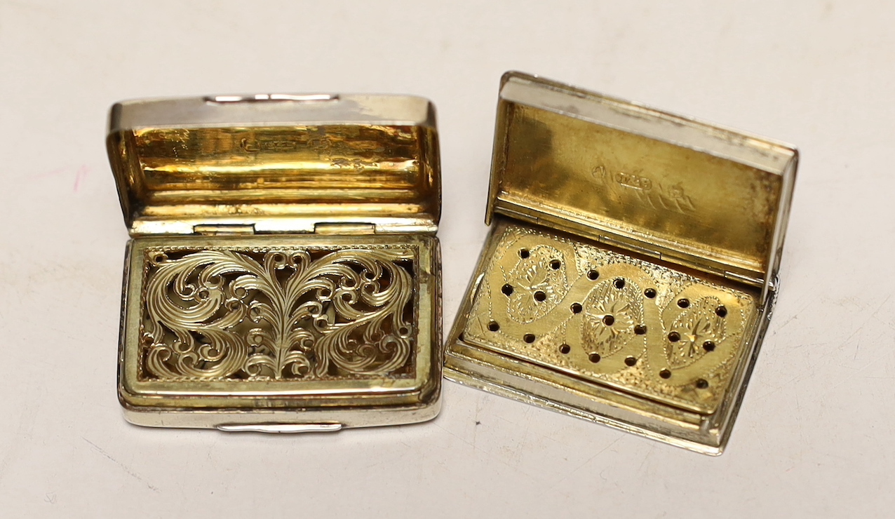 A George IV silver vinaigrette, modelled as a book, Taylor & Perry, Birmingham, circa 1825, 33mm and one other George III silver vinaigrette, Simpson & Son, Birmingham, 1819.
